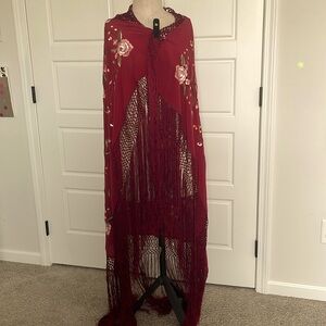 Antique Silk Hand Embroidered Floral Piano Shawl with Fringe Romantic Fairy